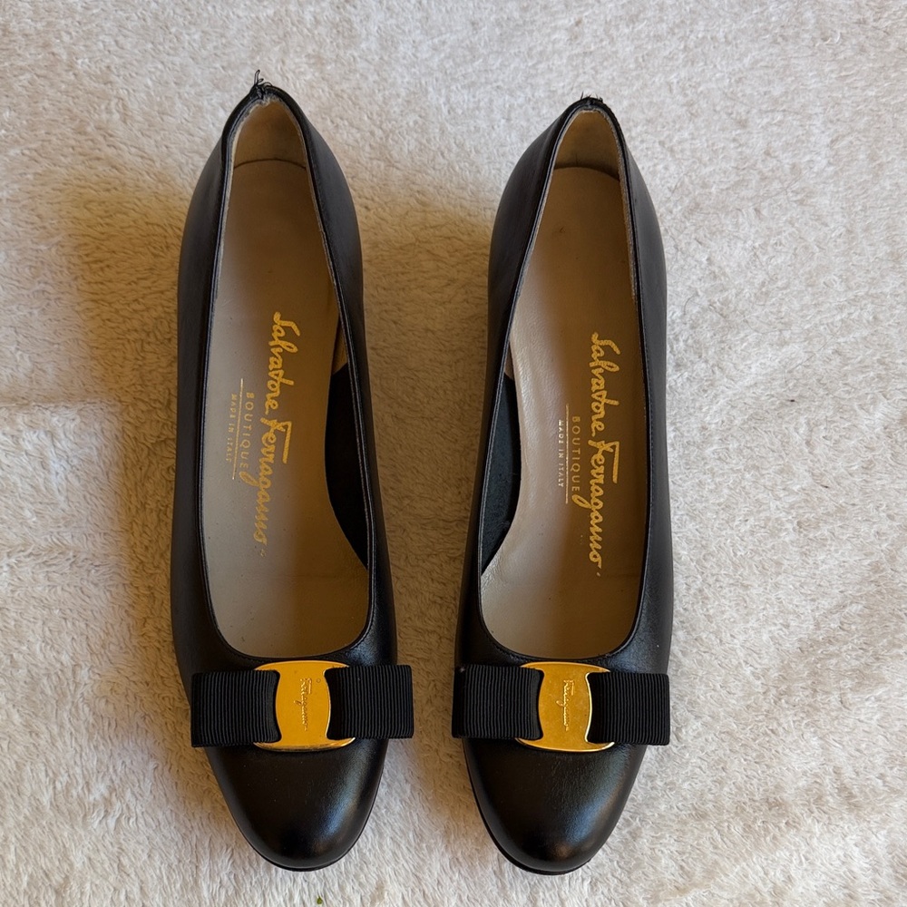 Salvatore Ferragamo Black Flats with Gold Accent